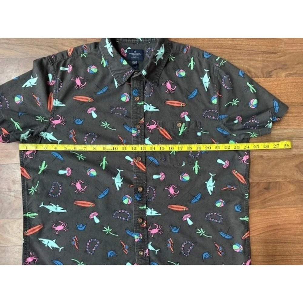 American Eagle Outfitters Button Down Shirt Luau Theme XL Shark Mushrooms Cactus